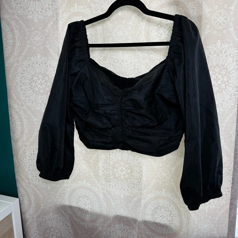 NWT J. Crew Black Ruched Puff Sleeve Crop Top Blouse Size 12